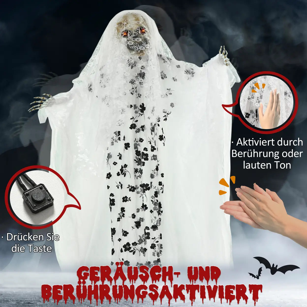 Outsunny Halloween Geisterbraut 175 cm mit Licht, Sound und Bewegungsmelder – Bild 6